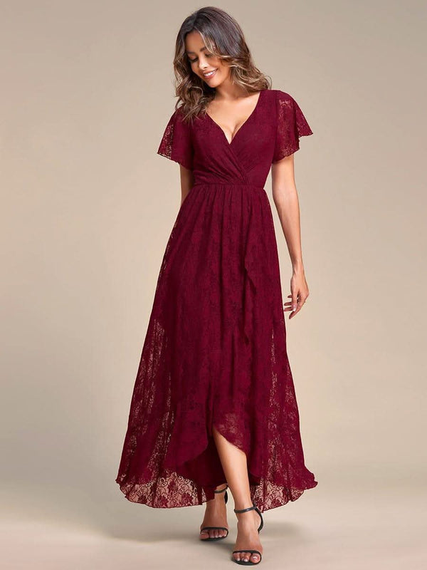 ever ELISE|Pleated V-Neck Short Sleeve Ruffled Lace Formal Mother of the Bride Dress