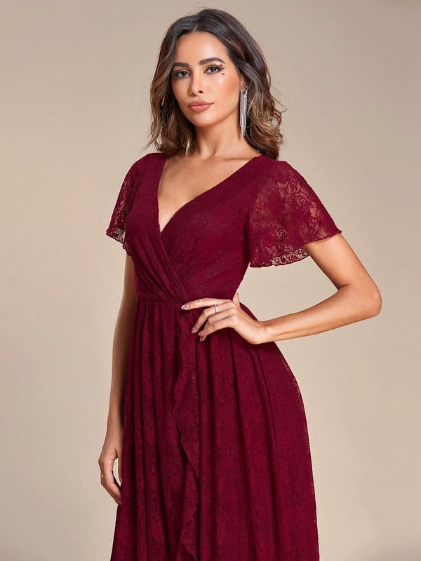 ever ELISE|Pleated V-Neck Short Sleeve Ruffled Lace Formal Mother of the Bride Dress