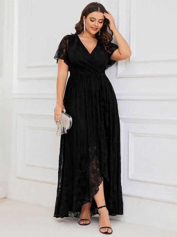 ever ELISE|Pleated V-Neck Short Sleeve Ruffled Lace Formal Mother of the Bride Dress
