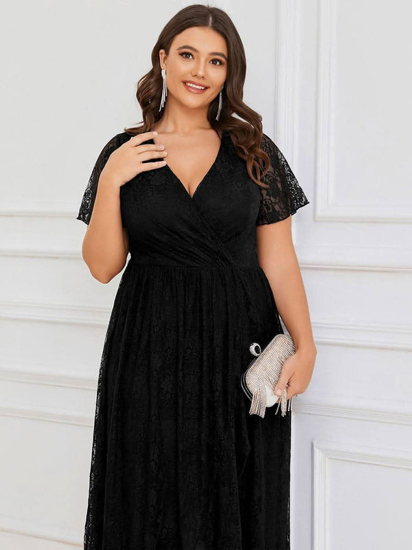 ever ELISE|Pleated V-Neck Short Sleeve Ruffled Lace Formal Mother of the Bride Dress
