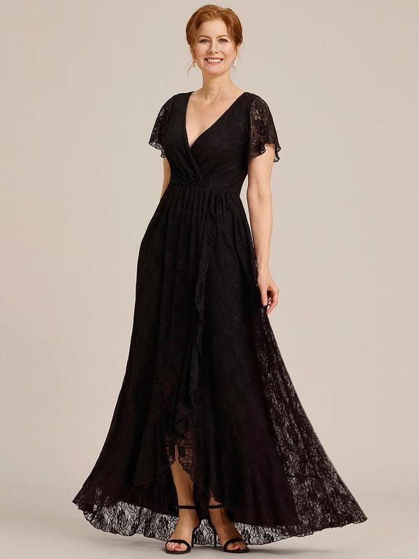 ever ELISE|Pleated V-Neck Short Sleeve Ruffled Lace Formal Mother of the Bride Dress