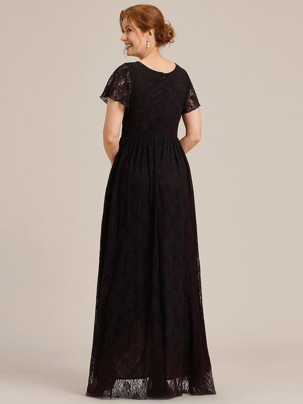 ever ELISE|Pleated V-Neck Short Sleeve Ruffled Lace Formal Mother of the Bride Dress