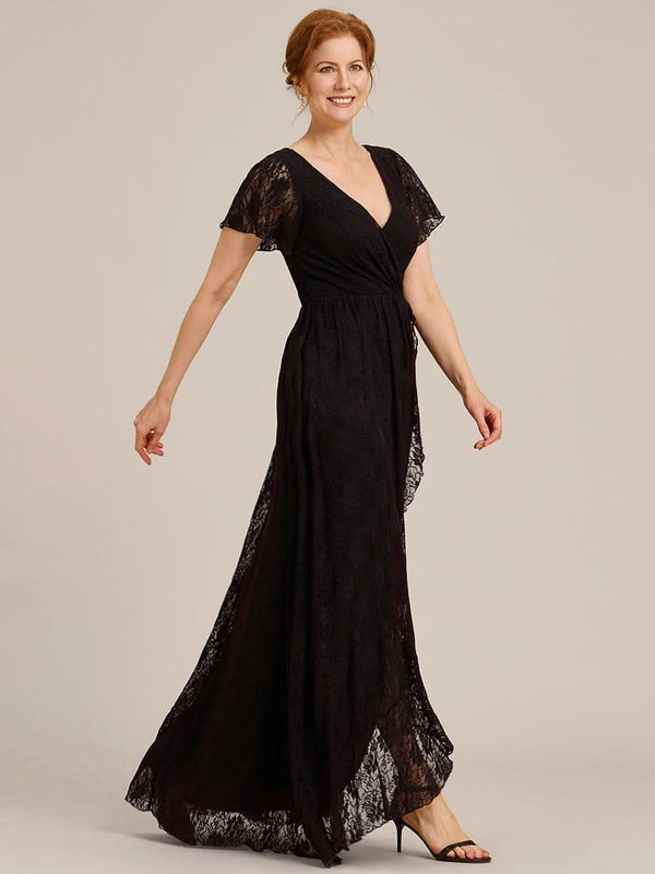 ever ELISE|Pleated V-Neck Short Sleeve Ruffled Lace Formal Mother of the Bride Dress