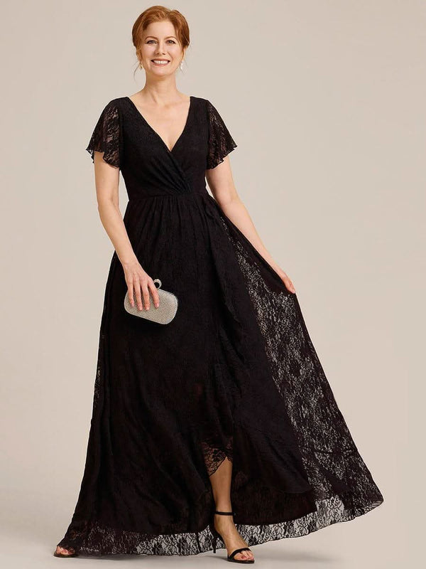 ever ELISE|Pleated V-Neck Short Sleeve Ruffled Lace Formal Mother of the Bride Dress