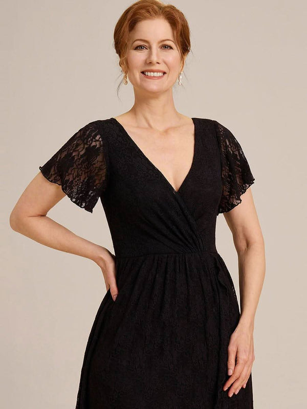 ever ELISE|Pleated V-Neck Short Sleeve Ruffled Lace Formal Mother of the Bride Dress