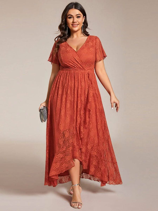 ever ELISE|Pleated V-Neck Short Sleeve Ruffled Lace Formal Mother of the Bride Dress