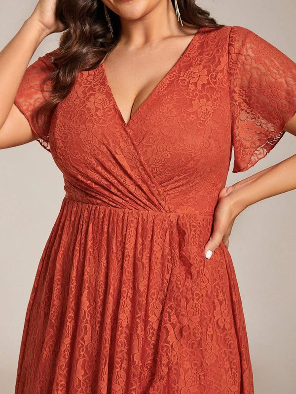 ever ELISE|Pleated V-Neck Short Sleeve Ruffled Lace Formal Mother of the Bride Dress