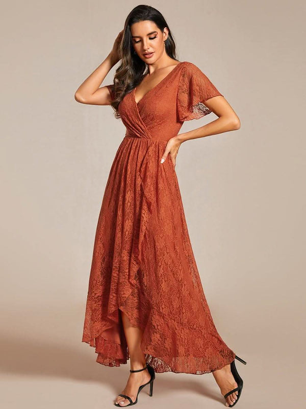 ever ELISE|Pleated V-Neck Short Sleeve Ruffled Lace Formal Mother of the Bride Dress