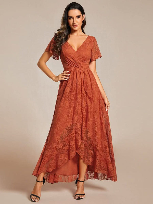 ever ELISE|Pleated V-Neck Short Sleeve Ruffled Lace Formal Mother of the Bride Dress