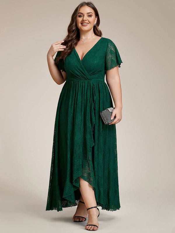 ever ELISE|Pleated V-Neck Short Sleeve Ruffled Lace Formal Mother of the Bride Dress