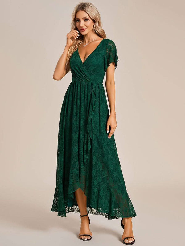 ever ELISE|Pleated V-Neck Short Sleeve Ruffled Lace Formal Mother of the Bride Dress