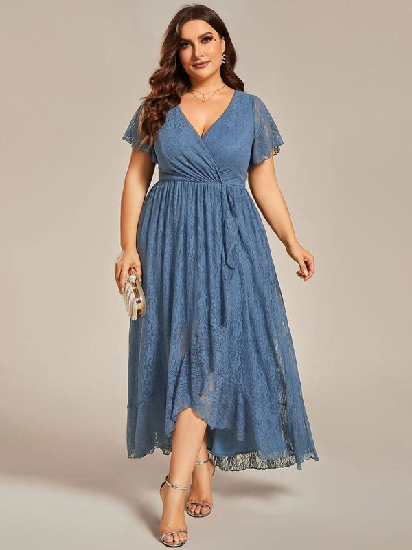 ever ELISE|Pleated V-Neck Short Sleeve Ruffled Lace Formal Mother of the Bride Dress