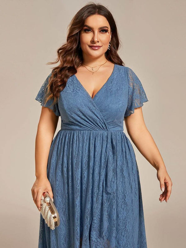 ever ELISE|Pleated V-Neck Short Sleeve Ruffled Lace Formal Mother of the Bride Dress