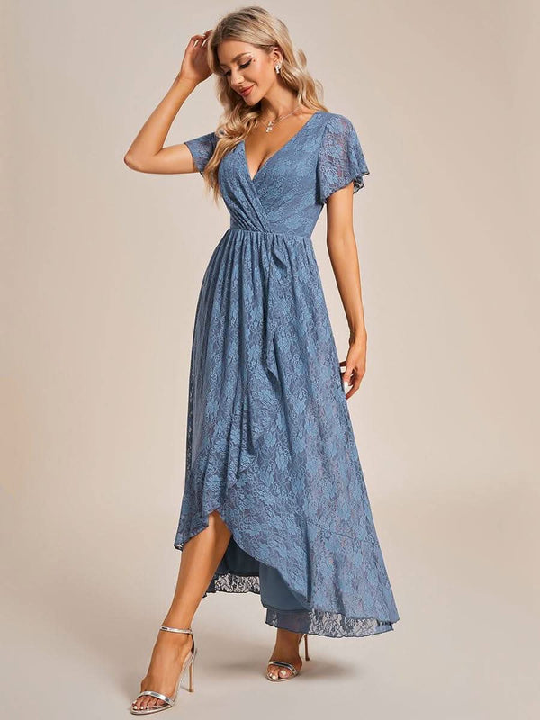 ever ELISE|Pleated V-Neck Short Sleeve Ruffled Lace Formal Mother of the Bride Dress