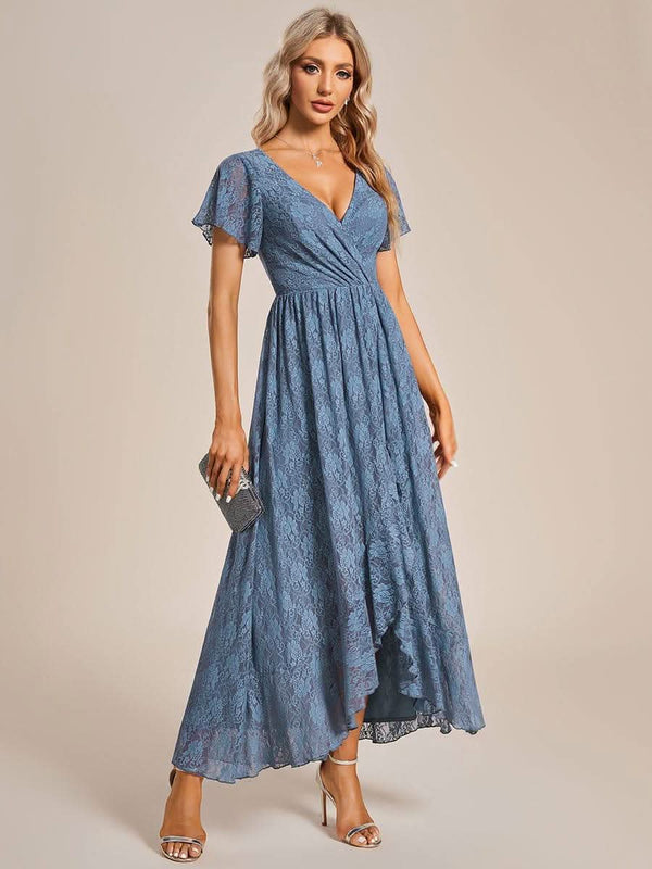 ever ELISE|Pleated V-Neck Short Sleeve Ruffled Lace Formal Mother of the Bride Dress