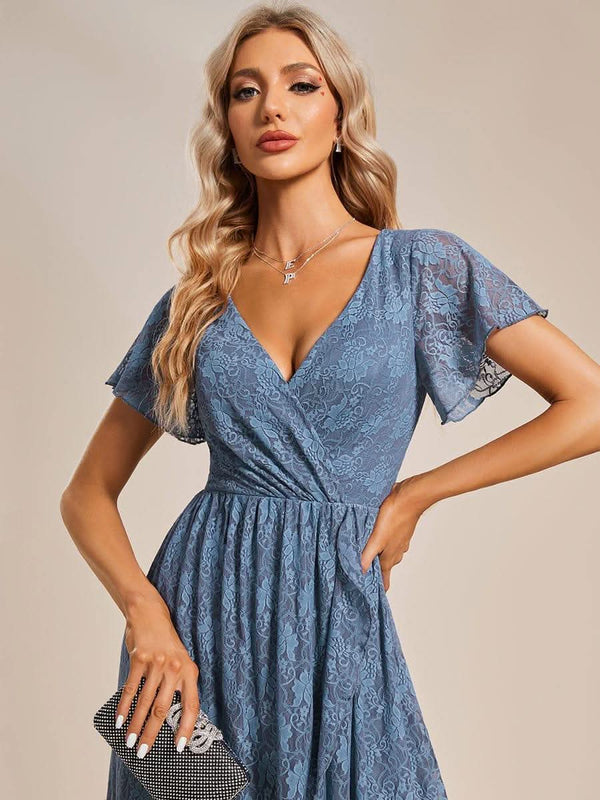 ever ELISE|Pleated V-Neck Short Sleeve Ruffled Lace Formal Mother of the Bride Dress