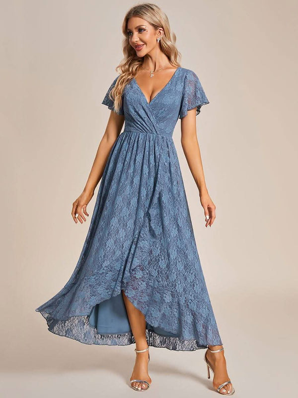 ever ELISE|Pleated V-Neck Short Sleeve Ruffled Lace Formal Mother of the Bride Dress