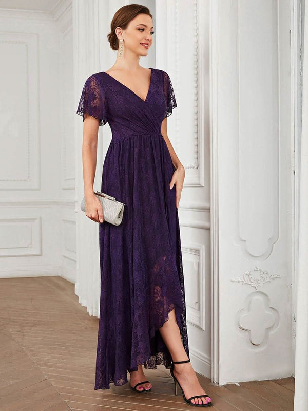 ever ELISE|Pleated V-Neck Short Sleeve Ruffled Lace Formal Mother of the Bride Dress