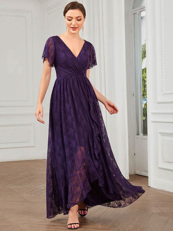 ever ELISE|Pleated V-Neck Short Sleeve Ruffled Lace Formal Mother of the Bride Dress
