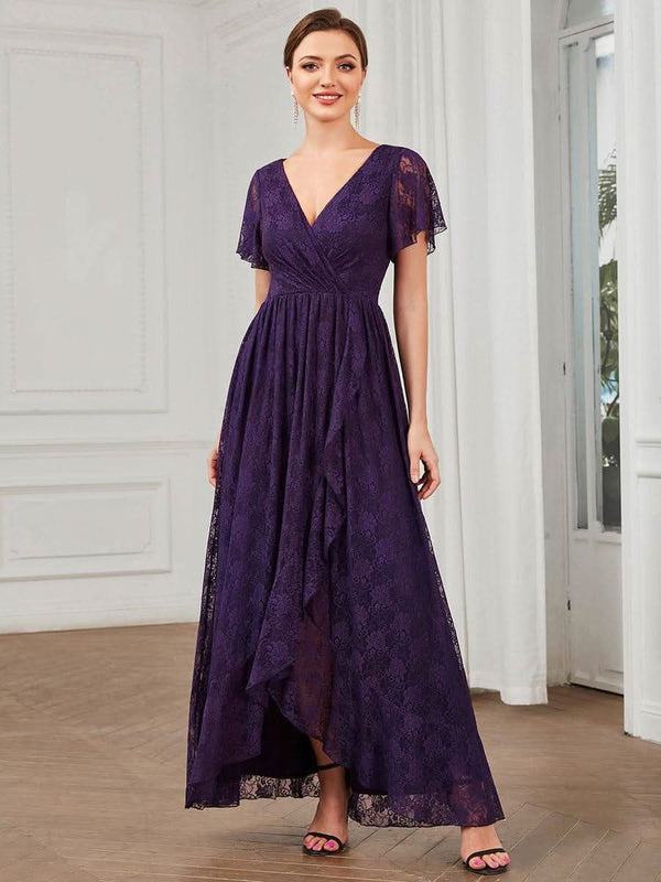 ever ELISE|Pleated V-Neck Short Sleeve Ruffled Lace Formal Mother of the Bride Dress