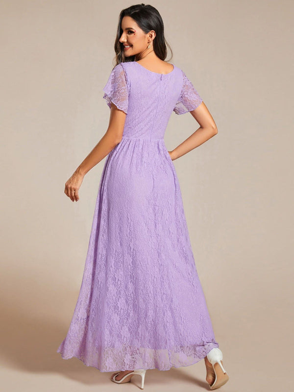 ever ELISE|Pleated V-Neck Short Sleeve Ruffled Lace Formal Mother of the Bride Dress