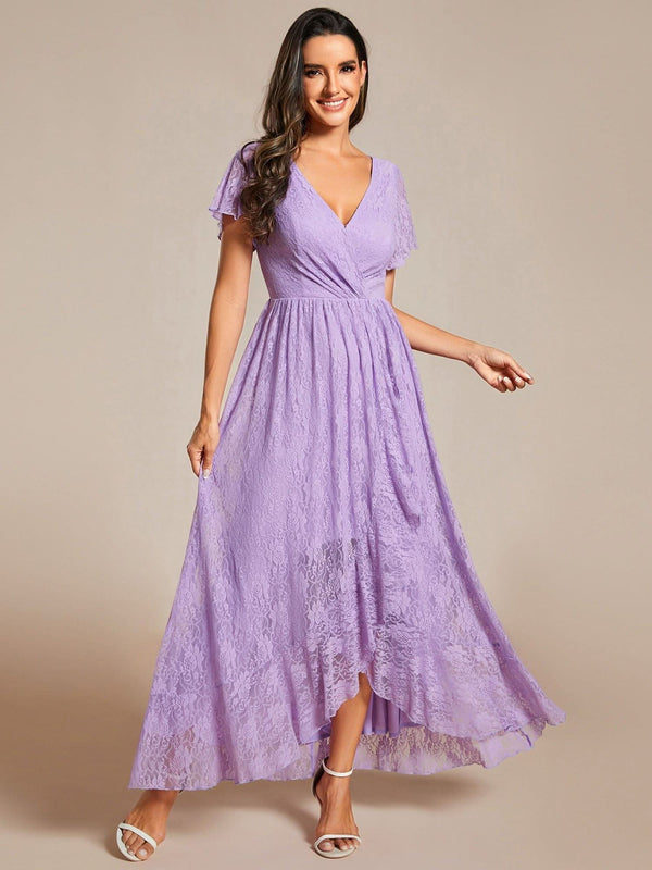ever ELISE|Pleated V-Neck Short Sleeve Ruffled Lace Formal Mother of the Bride Dress