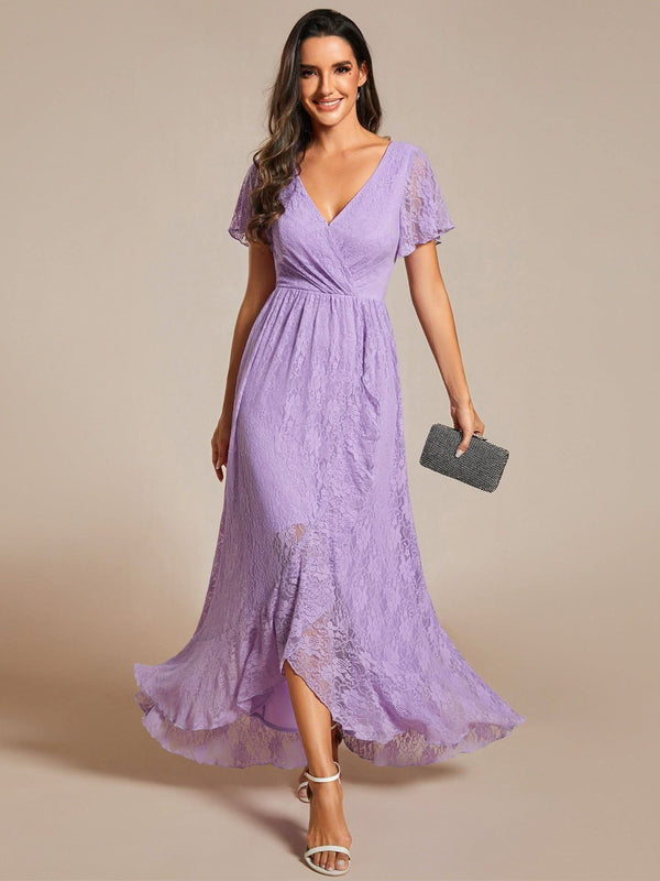ever ELISE|Pleated V-Neck Short Sleeve Ruffled Lace Formal Mother of the Bride Dress