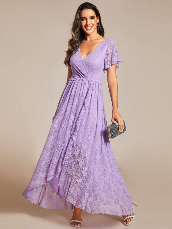 ever ELISE|Pleated V-Neck Short Sleeve Ruffled Lace Formal Mother of the Bride Dress