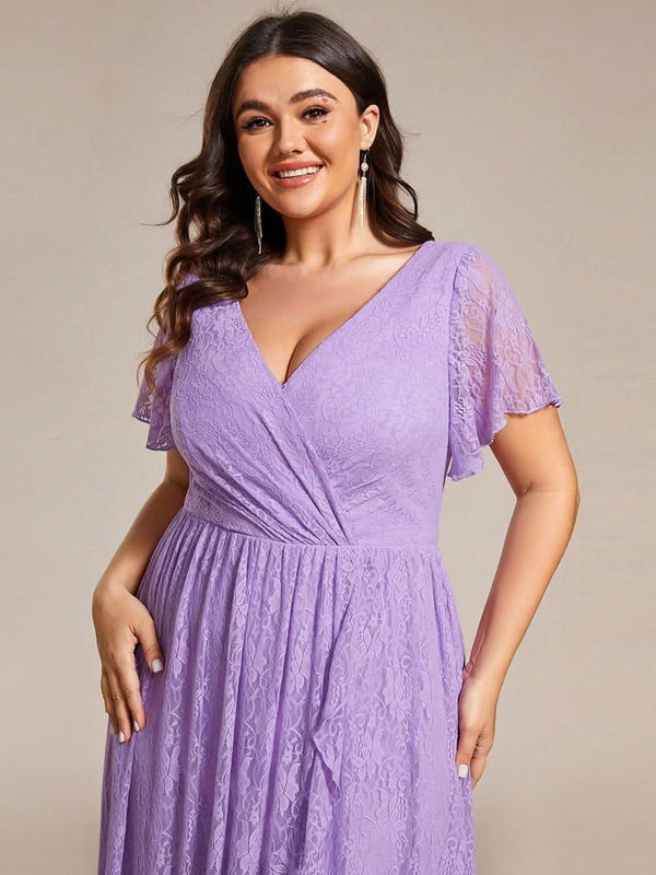 ever ELISE|Pleated V-Neck Short Sleeve Ruffled Lace Formal Mother of the Bride Dress