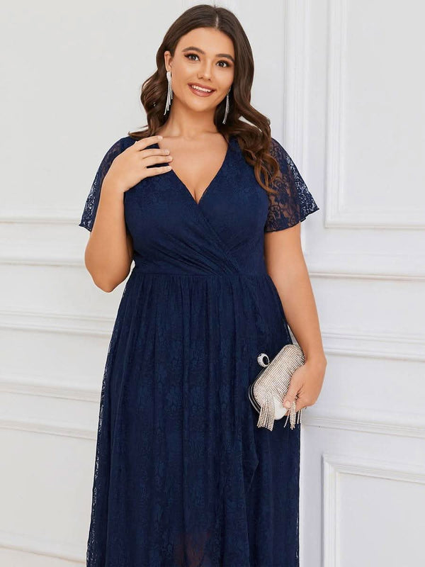 ever ELISE|Pleated V-Neck Short Sleeve Ruffled Lace Formal Mother of the Bride Dress