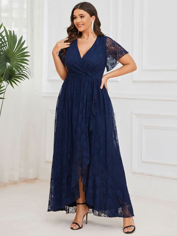 ever ELISE|Pleated V-Neck Short Sleeve Ruffled Lace Formal Mother of the Bride Dress