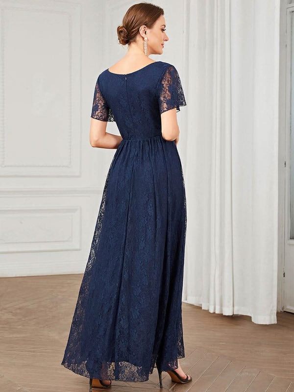 ever ELISE|Pleated V-Neck Short Sleeve Ruffled Lace Formal Mother of the Bride Dress