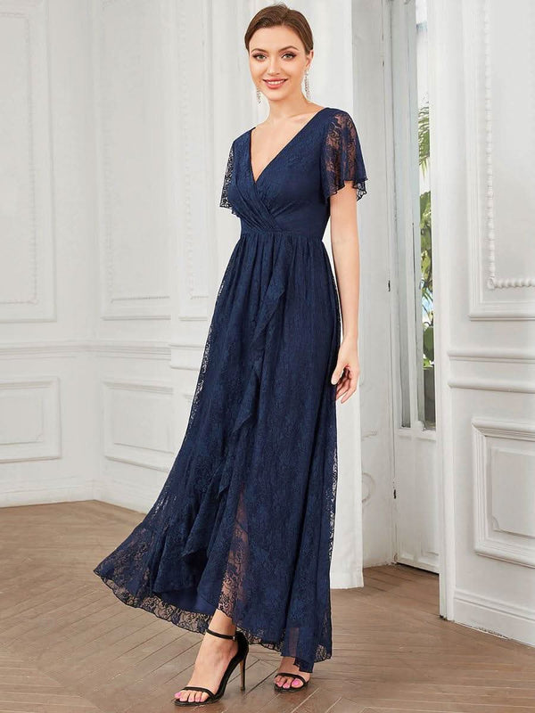 ever ELISE|Pleated V-Neck Short Sleeve Ruffled Lace Formal Mother of the Bride Dress