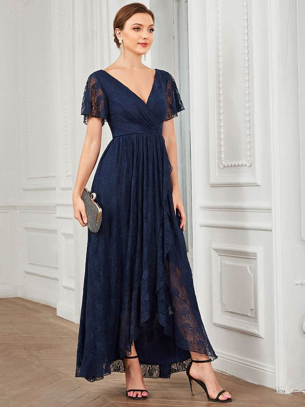 ever ELISE|Pleated V-Neck Short Sleeve Ruffled Lace Formal Mother of the Bride Dress