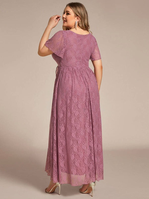 ever ELISE|Pleated V-Neck Short Sleeve Ruffled Lace Formal Mother of the Bride Dress