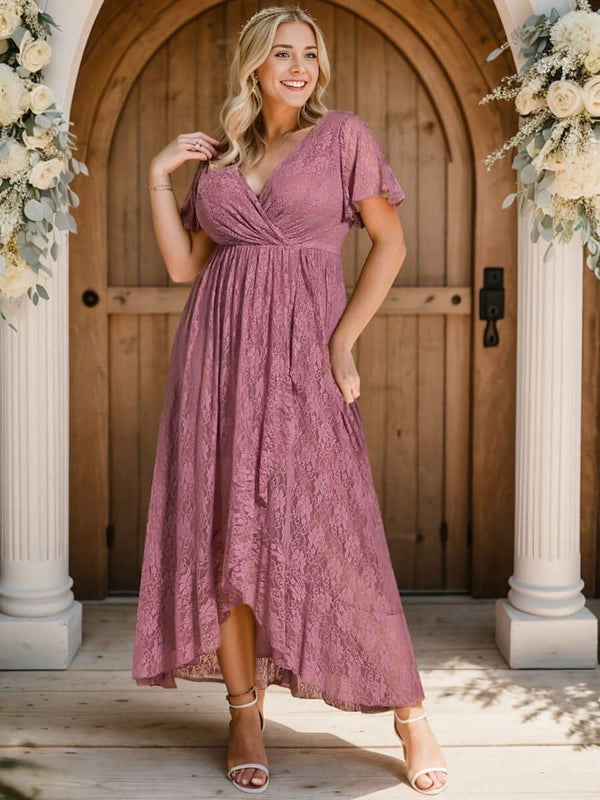 ever ELISE|Pleated V-Neck Short Sleeve Ruffled Lace Formal Mother of the Bride Dress