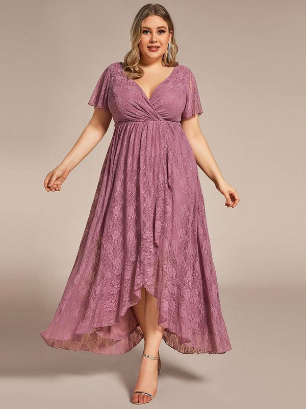 ever ELISE|Pleated V-Neck Short Sleeve Ruffled Lace Formal Mother of the Bride Dress