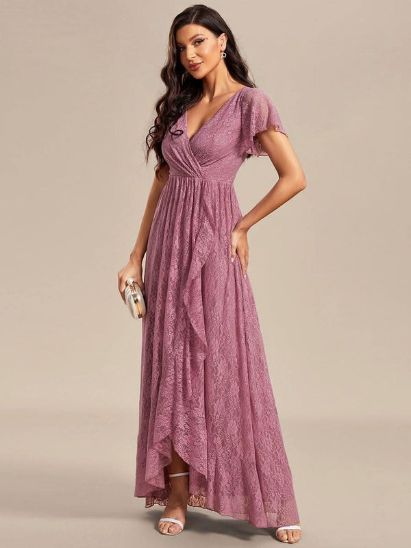 ever ELISE|Pleated V-Neck Short Sleeve Ruffled Lace Formal Mother of the Bride Dress