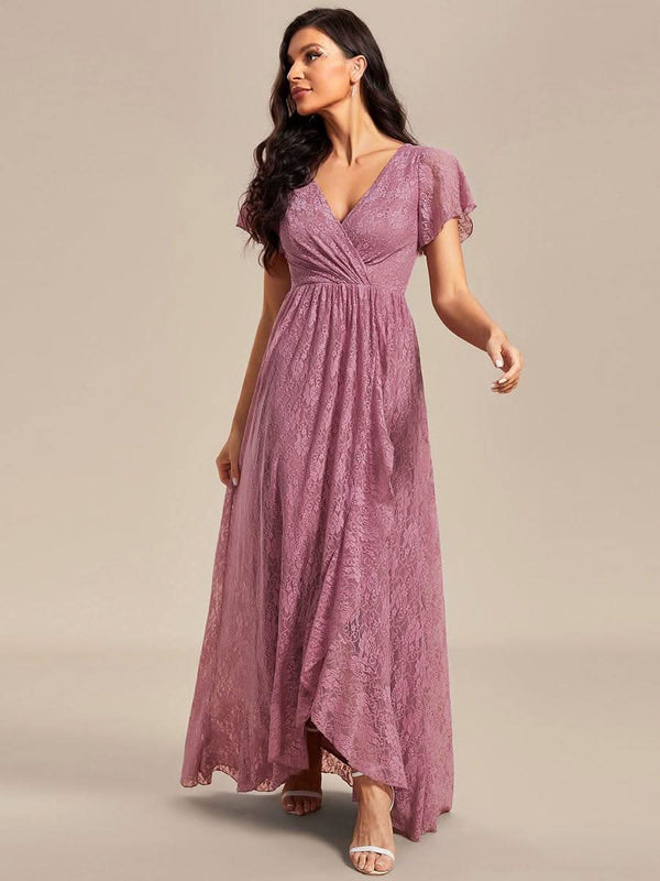 ever ELISE|Pleated V-Neck Short Sleeve Ruffled Lace Formal Mother of the Bride Dress