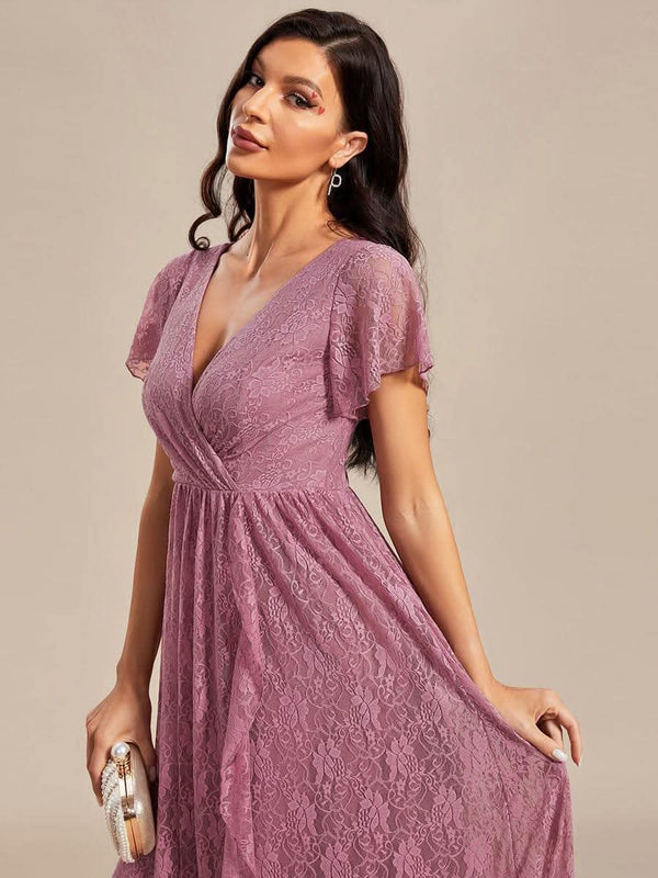 ever ELISE|Pleated V-Neck Short Sleeve Ruffled Lace Formal Mother of the Bride Dress