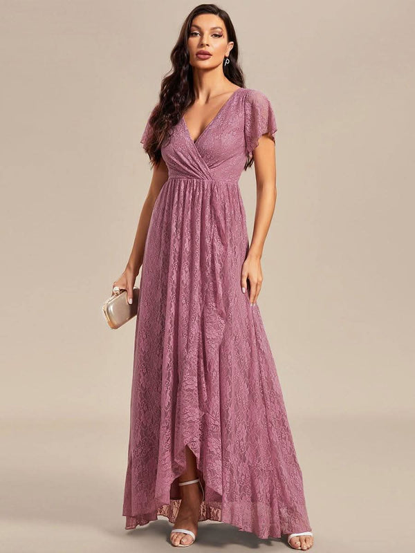 ever ELISE|Pleated V-Neck Short Sleeve Ruffled Lace Formal Mother of the Bride Dress