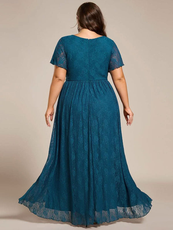 ever ELISE|Pleated V-Neck Short Sleeve Ruffled Lace Formal Mother of the Bride Dress