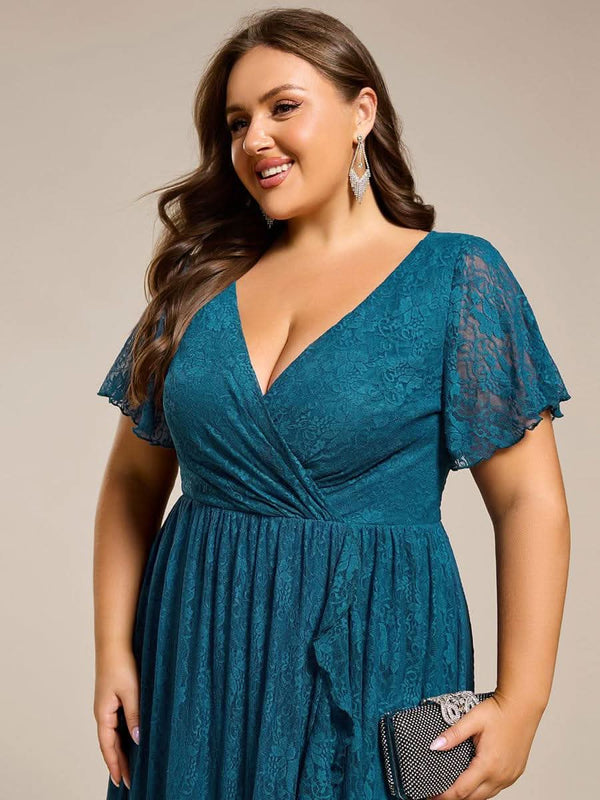 ever ELISE|Pleated V-Neck Short Sleeve Ruffled Lace Formal Mother of the Bride Dress