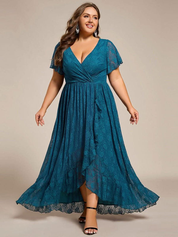 ever ELISE|Pleated V-Neck Short Sleeve Ruffled Lace Formal Mother of the Bride Dress