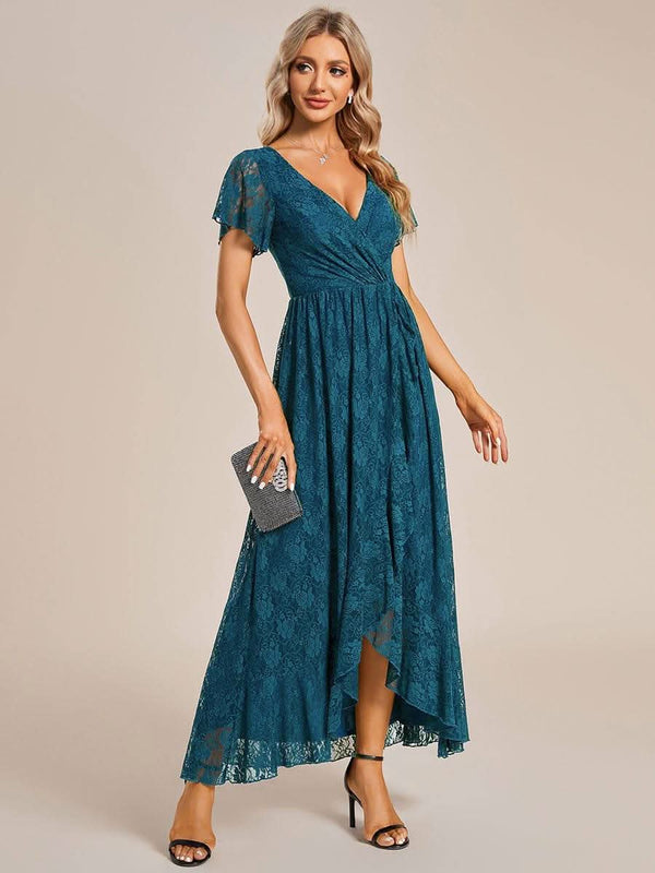 ever ELISE|Pleated V-Neck Short Sleeve Ruffled Lace Formal Mother of the Bride Dress