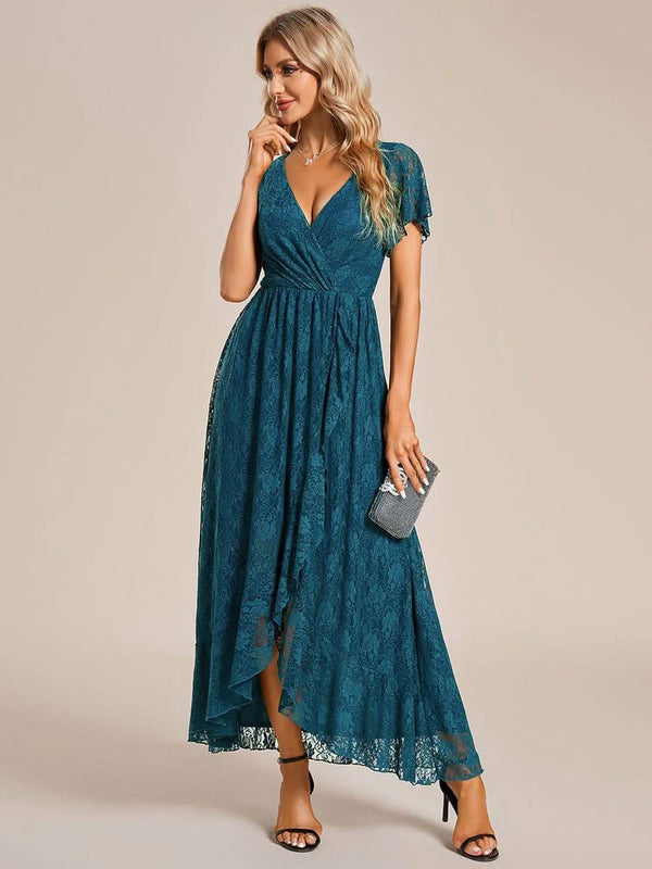 ever ELISE|Pleated V-Neck Short Sleeve Ruffled Lace Formal Mother of the Bride Dress