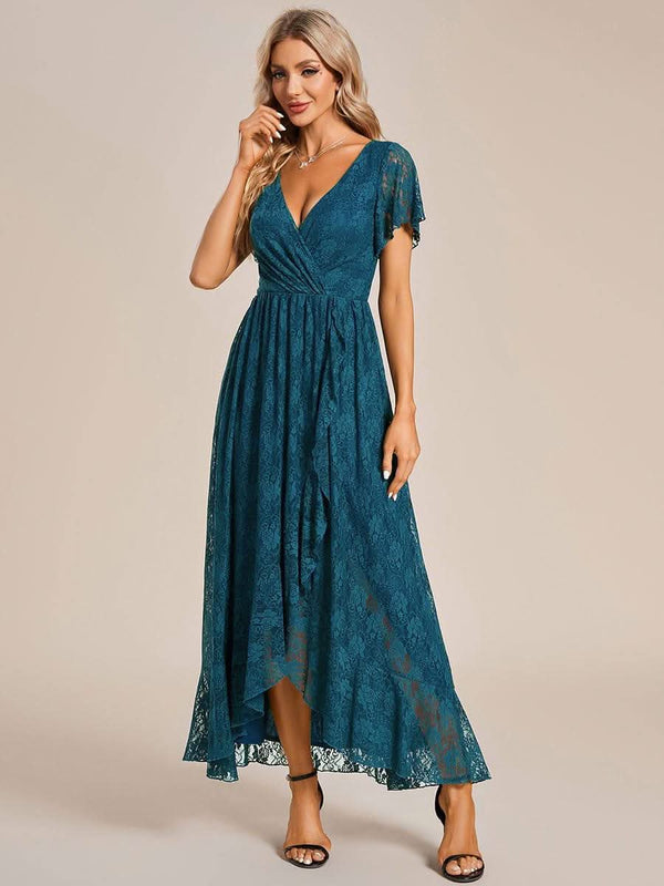 ever ELISE|Pleated V-Neck Short Sleeve Ruffled Lace Formal Mother of the Bride Dress