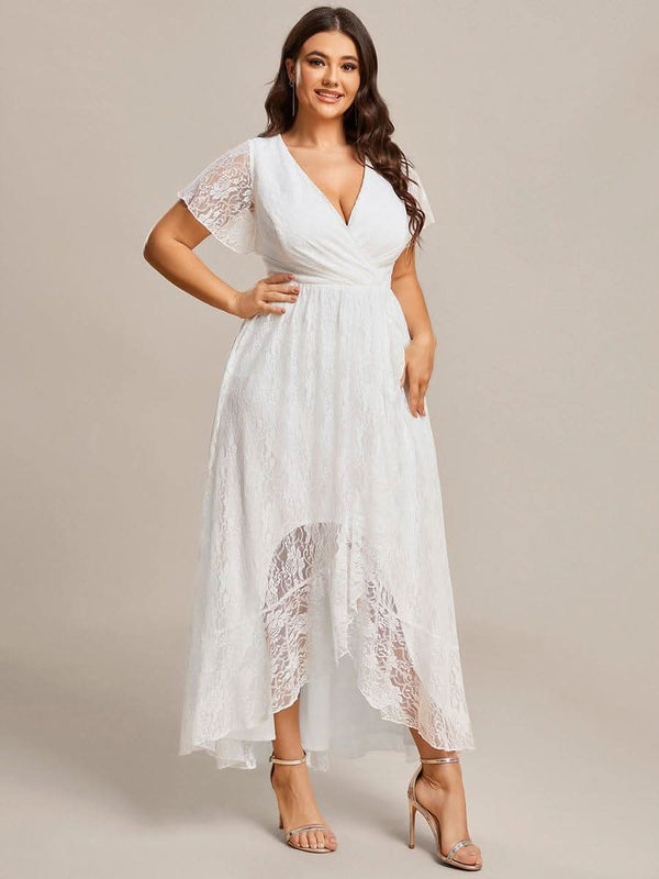 ever ELISE|Pleated V-Neck Short Sleeve Ruffled Lace Formal Mother of the Bride Dress