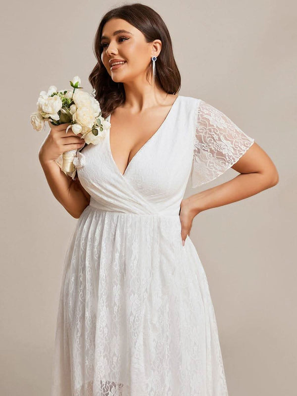 ever ELISE|Pleated V-Neck Short Sleeve Ruffled Lace Formal Mother of the Bride Dress