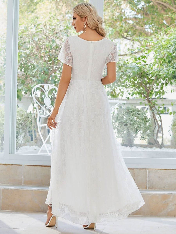 ever ELISE|Pleated V-Neck Short Sleeve Ruffled Lace Formal Mother of the Bride Dress